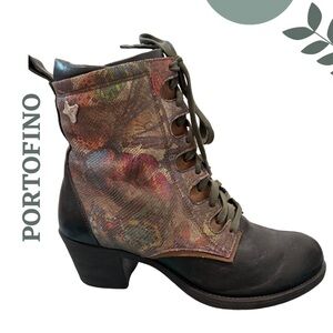 PORTOFINO Leather Ankle Boots with Floral Panel Green Portugal Size 39 US 8.5/9